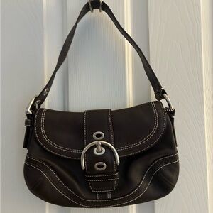 Coach Dark Brown Leather Shoulder Bag with Silver Accents.